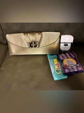 Talbots Gold Evening Clutch Purse and Accessories Bundle
